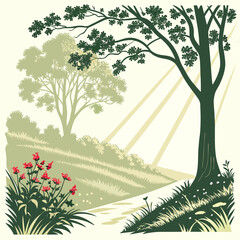 Obraz premium Sunbeams illuminate a tranquil forest path bordered by vibrant red wildflowers and lush green trees