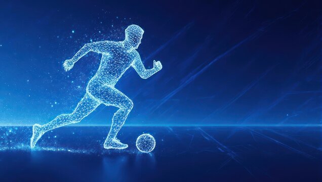 Abstract digital graphic of a running athlete. A low-poly, light-blue figure runs with a ball, against a dark, futuristic backdrop