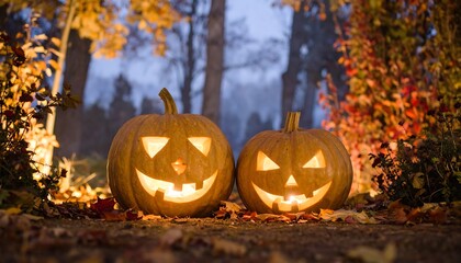 Two lit pumpkins on a leaf strewn path in a forest setting emit eerie light