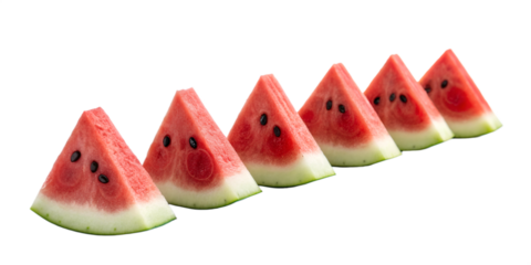 Six triangular watermelon slices arranged diagonally on black background fruit