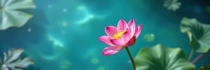 Obraz premium Pink lotus flower blooming on an aquamarine background, serene and peaceful nature scene, pink lotus, summer