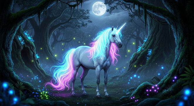 Magical unicorn in enchanted forest wallpaper background fantasy art mythical creature moonlit night scene - Powered by Adobe