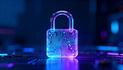High-tech padlock icon with holographic glowing circuit board design, futuristic cyber security technology, digital data protection, encryption concept, information privacy and secure network safety