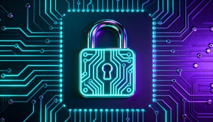 High-tech padlock icon with holographic glowing circuit board design, futuristic cyber security technology, digital data protection, encryption concept, information privacy and secure network safety