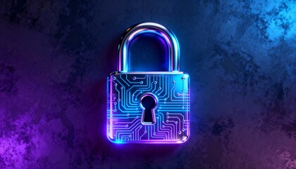 High-tech padlock icon with holographic glowing circuit board design, futuristic cyber security technology, digital data protection, encryption concept, information privacy and secure network safety