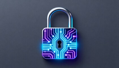 High-tech padlock icon with holographic glowing circuit board design, futuristic cyber security technology, digital data protection, encryption concept, information privacy and secure network safety