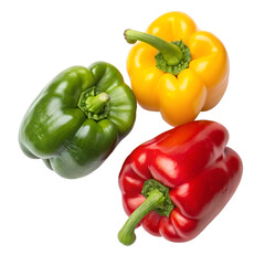 Three colorful bell peppers red yellow and green on black background capsicum red pepper