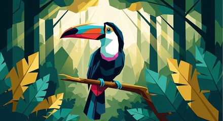Toucan on Branch with Jungle.