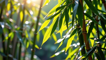Fototapeta premium Vibrant green bamboo leaves glistening with fresh raindrops, sunlight filtering through the foliage, water, botany