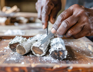 Skilled artisan carves intricate details into weathered wood logs dusted with white powder, showcasing traditional craftsmanship and delicate artistry