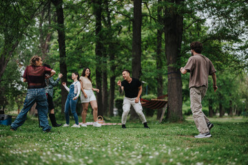 Obraz premium Friends gather outdoors in a scenic park, laughing and participating in fun activities together, surrounded by trees and lush greenery under a vibrant sky.