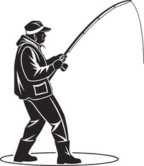 Obraz premium Black silhouette vector of a man fishing with rod