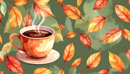 Watercolor coffee mug amidst falling autumn leaves against a green background