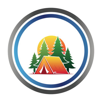Vector art of camping tent and pine trees in front of a sunset, inside a circular frame
