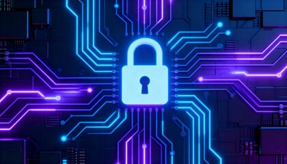 Secure data transmission concept with lock symbol integrated in futuristic circuit pattern on neon cyber background, digital encryption, cybersecurity protection, network privacy and information