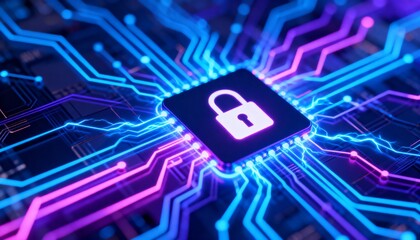 Secure data transmission concept with lock symbol integrated in futuristic circuit pattern on neon cyber background, digital encryption, cybersecurity protection, network privacy and information