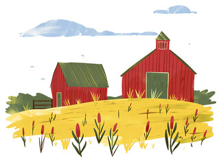 Rustic village farm drawing in color sketch, AI generated