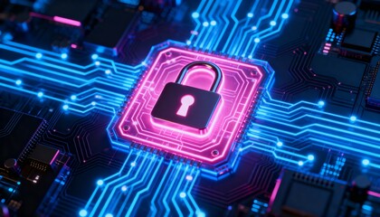 Secure data transmission concept with lock symbol integrated in futuristic circuit pattern on neon cyber background, digital encryption, cybersecurity protection, network privacy and information