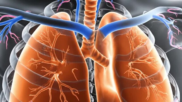 Detailed Human Lung Anatomy Illustration Breathing Visualization Respiratory System Bronchi Veins Arteries Ribcage