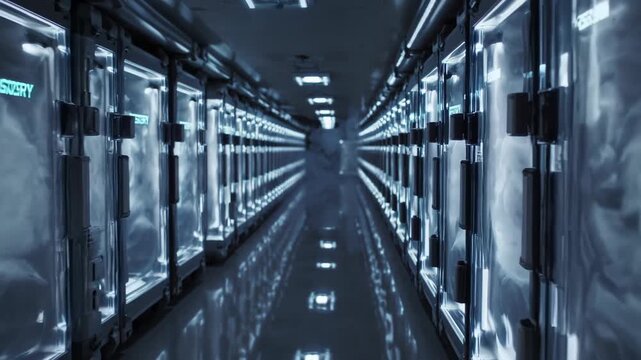 Server racks creating a mirrored pattern, forming a complex tunnel grid representing vast data processing, digital networks, and advanced futuristic technology