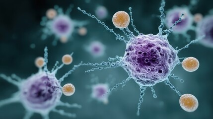 Obraz premium A magnified view of a virus with a purple core and orange spiky tendrils,