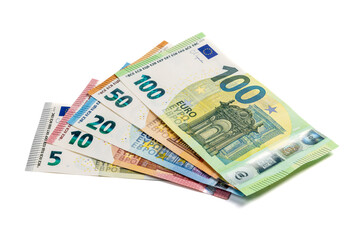 Euro currency bank notes fanned out isolated on white, no serial numbers visible