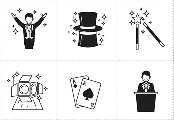 Magic icons, performance symbols, magician elements, stage props, entertainment visuals, trick tools, spotlight setup, showman gestures