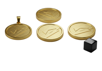 Three identical gold medallions with brushed texture, polished rims, and a black onyx cube, precisely arranged on transparent with high-key studio light, concept of luxurious product display