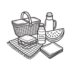 Traditional Picnic Basket and Food Vector Line Art Illustration