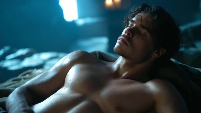 A man his hair matted sleeps in a whale&rsquo;s belly its walls slimy and curved. A leather belt lies beside him its buckle dented. Water drips echoing in the dark. A faint light