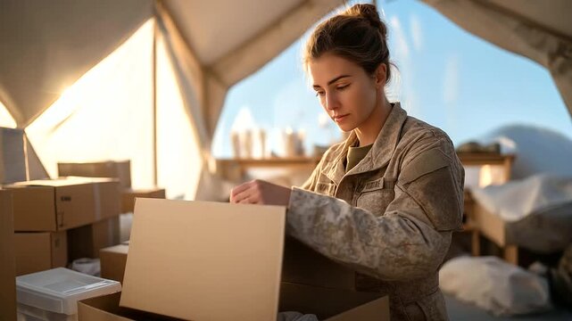 a military medical tent with supplies on shelves cluttered floor with boxes soft natural light through canvas flaps a nurse in uniform organizing a kit natural poses as she pac