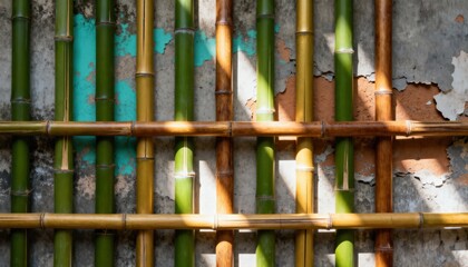 Obraz premium Vibrant natural bamboo stalks create a textured wall backdrop with rustic charm and warm sunlight dappling the scene