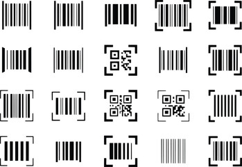 Collection of barcode and qr code icons for retail and technology applications