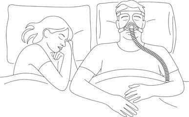 Couple in bed woman disturbed by man's sleep apnea machine device