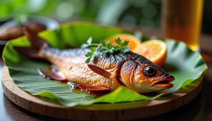 Freshly cooked fish garnished with herbs and orange slices on leaf  
