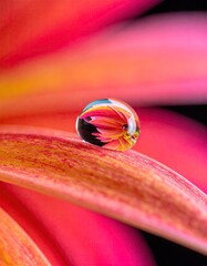 Macro water droplet on vibrant pink flower petal reflecting colorful center.