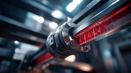 A machinist measures an elevator lift with a tape measure hyper realistic lift components with clear details moody shadows in the shaft bright saturation in measurement tools