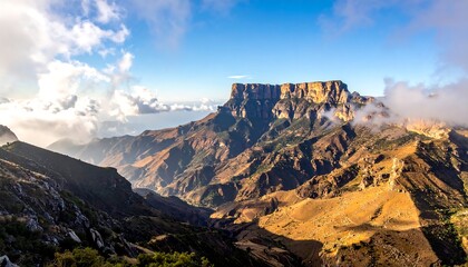 Panoramic view of a majestic mountain range, bathed in the warm glow of sunrise, with clouds clinging to the lower slopes