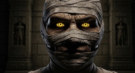 Mummy Bandaged face with glowing eyes in front of a stone building