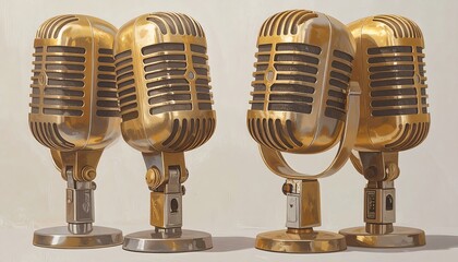 Artwork of four vintage gold microphones with detailed grills on a light neutral backdrop