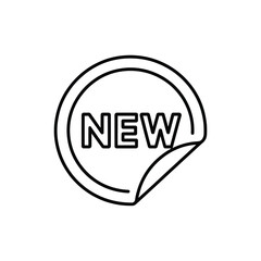 Black and white illustration of a round sticker with the word new
