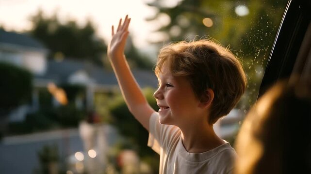 A 6 year old waves goodbye from a carpool minivan as it pulls away from a suburban driveway with sprinklers on mailboxes lined up and kids in the back giggling depicted in a che
