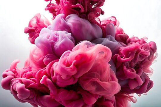 Vibrant pink and purple ink clouds swirling and blooming in clear water creating abstract organic shapes