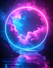 Neon circle portal through clouds