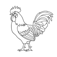 rooster, drawing, lineart, coloring, bird, farm, animal, poultry, cock, feathers, beak, comb, tail, outline, sketch, printable, kids, barn, rural, nature, livestock, cluck, wings, scratch, perch, crow
