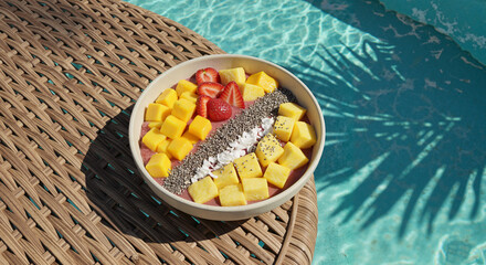 Colorful smoothie bowl with fruit on wicker table by pool  