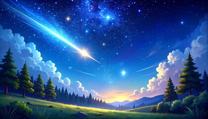 Night sky over a forest with a bright shooting star