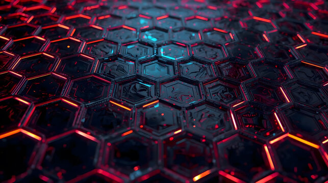 Futuristic honeycomb structure with vibrant neon red and blue lights glowing in the dark, perfect for tech and design projects needing a modern edge