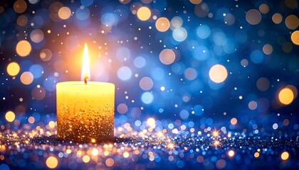 Glowing candle with festive sparkles and bokeh lights in a blurred abstract background