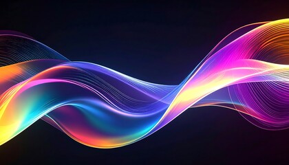 Abstract wavy ribbons of light, vibrant rainbow hues against a dark backdrop, creating a fluid, dynamic composition
